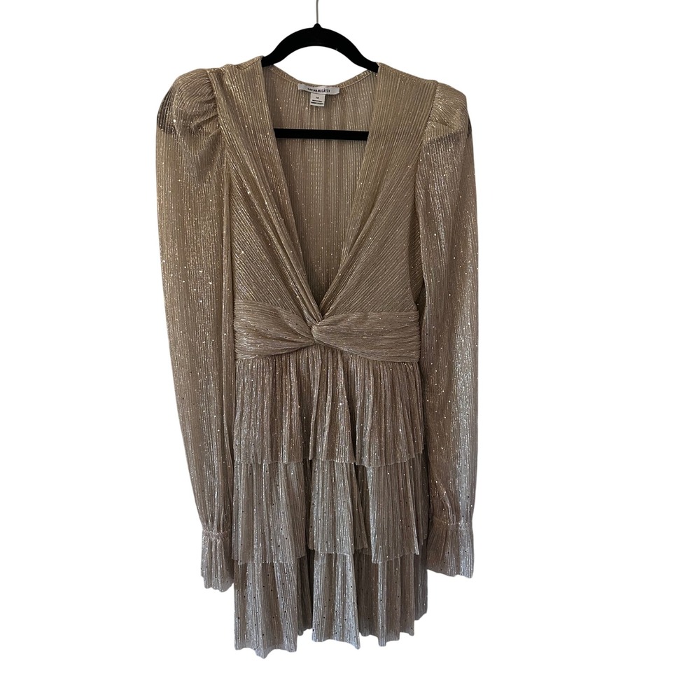 Sabina Musayev Felicie‎ Gold Sequin Twist Front Tiered Mini Dress Long Sleeve